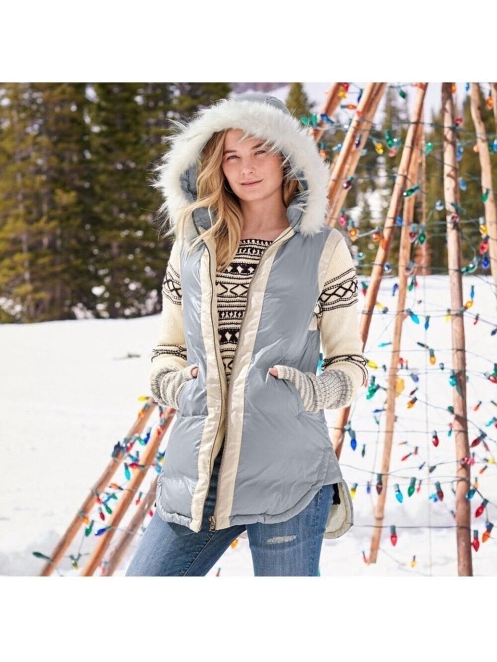 Sundance Gray Faux Fur Hood Puffy Vest - Size Small